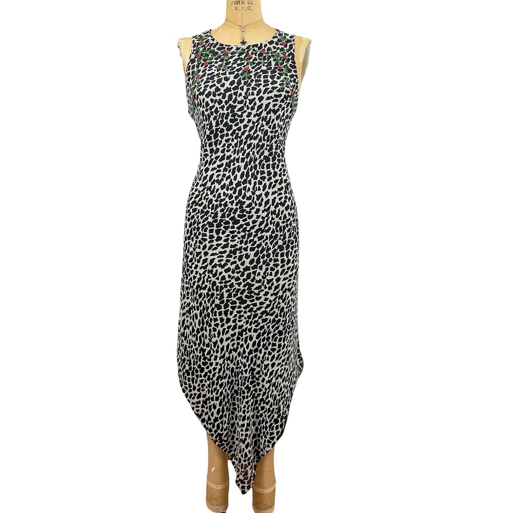 Jessica Howard Silk Beaded Maxi Dress Bias Handkerchief Hem Leopard Print M